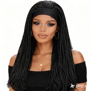 20 Inch Box Braided Headband Wig for Black Women, Long Synthetic Braided Wig with Headband, Glueless Easy Wear Crochet Braids Wig Natural Black Protective Style Wig Daily Use