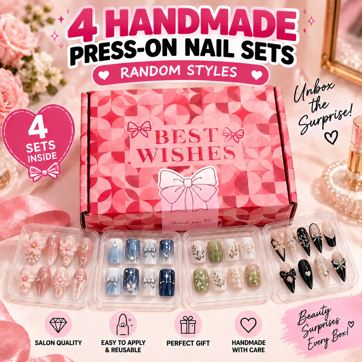 [Velvet Claw2] 4-Set Handmade Press-On Nails Mystery Box, Random Glossy Full Cover Styles, Reusable Salon-Quality Fake Nails, Selectable Sizes, Surprise Manicure Gift Set for Women,fall nail inspo
