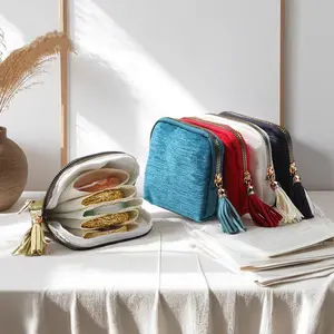 Velvet Travel Jewelry Pouch for Women, Portable Mini Jewelry Case with 5 Individual Compartments, Lightweight Washable Organizer for Rings, Earrings, Necklaces, Coins, Lip Balm and Cables, Small Wallet Gift for Birthday, Christmas and Mother’s Day