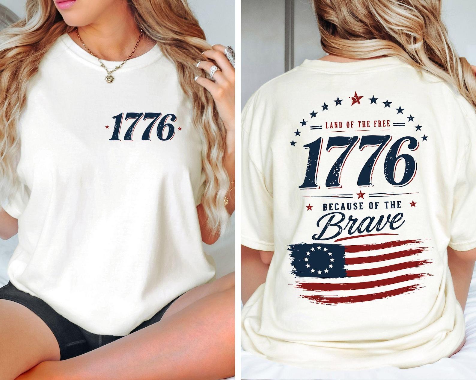 Women’s Classic Fit Cotton Blend Crew Neck Tshirt – 1776 Graphic Print, USA Flag, Eagle Design, Ribbed, All Seasons Patriotic Top for Independence Day Casual Wear