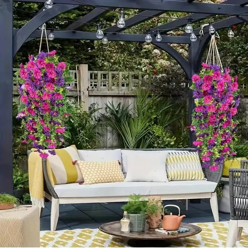 4pcs Outdoor Artificial Flower Hanging Eucalyptus Plants, Silk Morning Glory Vine, UV Resistant Plants for Wedding Party & Garden Decoration, Fake Flowers Outdoor