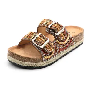 Women’s Beaded Double Buckle Cork Footbed Slides - Boho Chic Comfort Sandals with Artistic Detailing Footwear Girl Natural Summer slipper