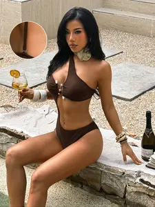 One-Shoulder Cut-Out One-Piece Swimsuit Monokini 2026 - Sexy Brown Asymmetric Swimsuit with Unique Cutout Design, Luxury Textured Fabric for Beach Pool Party, Summer Vacation Must Have  Worthy Designer Swimsuit​​