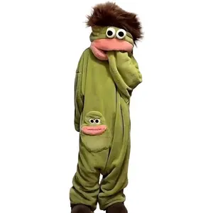Cartoon Puppet Hooded Onesie, Soft Flannel Monster Costume with Hair, Cozy Sleepwear for Cosplay, Halloween & Daily Use