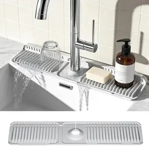 24-Inch Silicone Kitchen Sink Faucet Mat - Adjustable Cuttable Hole Design, 7° Slope Fast Self-Draining Splash Guard, Grey Home Organizer Backsplash Protector