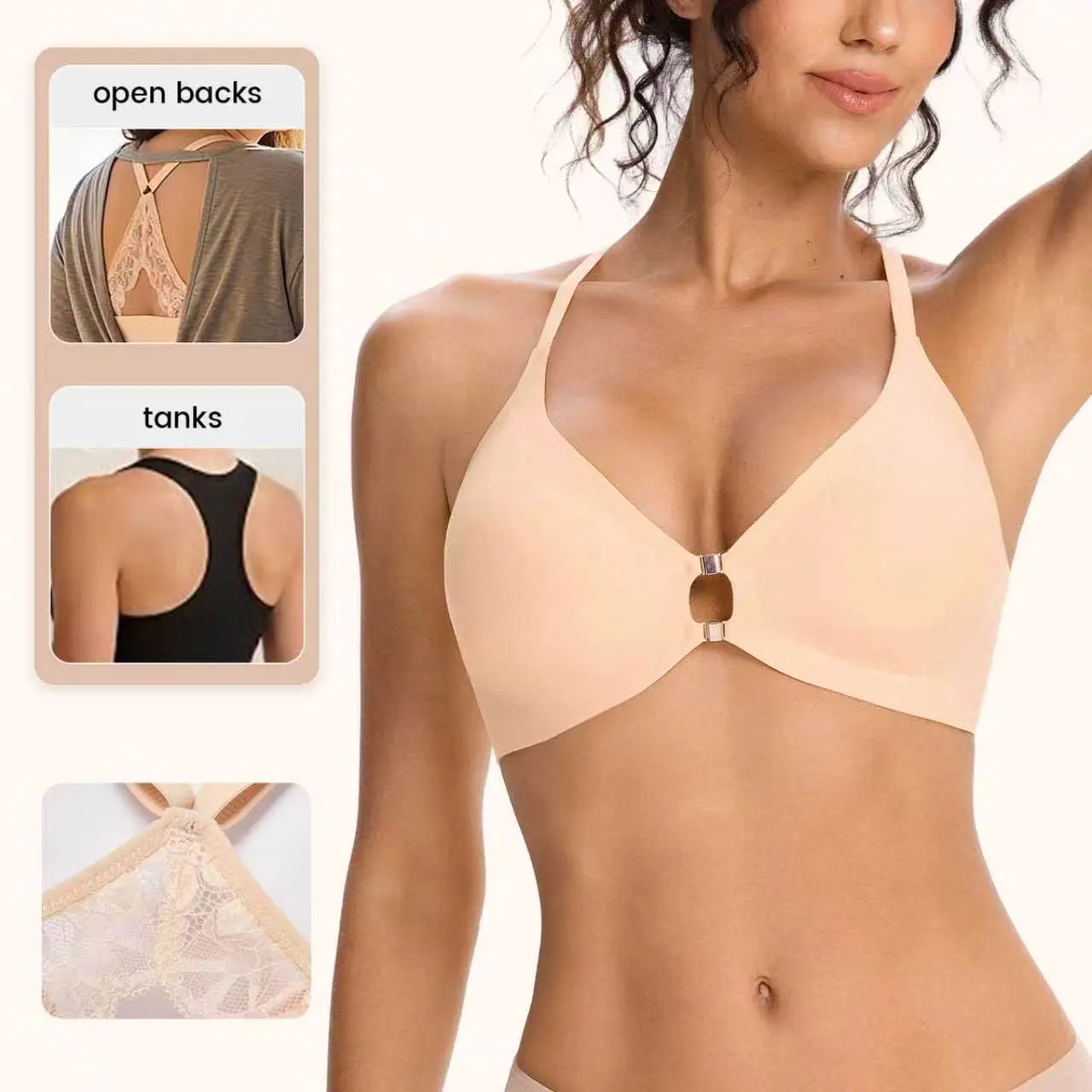 VRCOMFY Women's Front Closure Bra, Deep V Lace Jelly Bra, Wireless Padded Everyday T-Shirt Bra