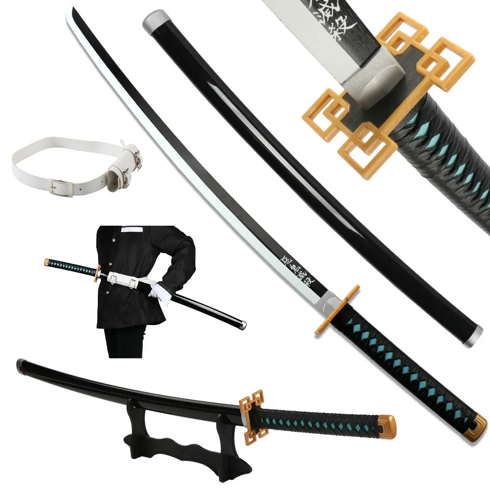 Anime Bamboo Wooden Demon Dull Blade Slayer Sword Tokitou Muichirou 41 Inches Cosplay Role Playing Collection with Belt Holder Stand Display for Halloween