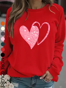 Women's Casual Fitted Long Sleeve Sweatshirt, Heart Pattern Print Design, Breathable & Comfortable Daily Wear, Fall Winter Fashion, Tops