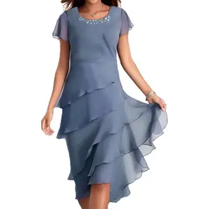 Womens chiffon flowy tiered cocktail dress sequins decoration short sleeve layered knee length elegant dresses