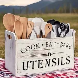 Large country style wooden kitchen utensil storage rack, 1 3-compartment storage box, countertop and wall mounted organizer, made of wood, kitchenware accessories, suitable for cooking, dining, and baking tools
