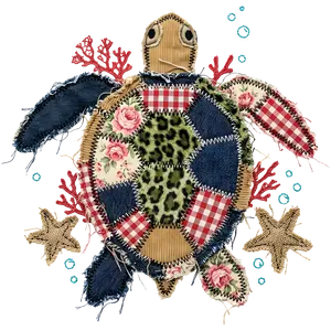 Vintage Faux Patchwork Sea Turtle Ready To Press Heat Transfer