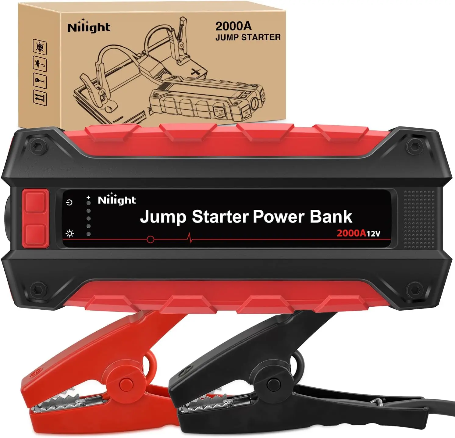 Nilight 2000A 12V Car Battery Jump Starter Auto Accessories, 12V Compatibility for 8.0L Gas/7.0L Diesel Vehicles & Trucks, Portable Automotive Tool Kit with Jumper Cables, DC Output & LED Light