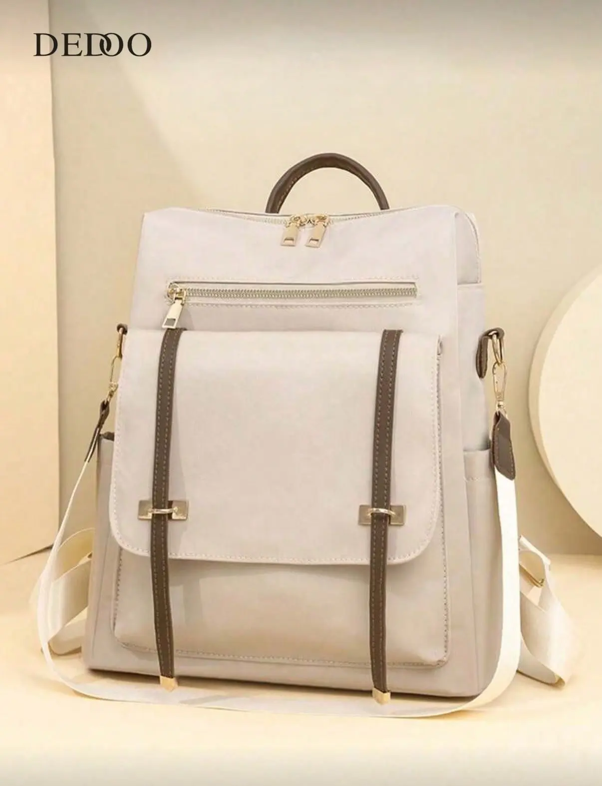Elegant Beige Contrast Trim Backpack for Women Soft Waterproof Nylon Anti Theft Design Multi Compartment Laptop Backpack Versatile Convertible Crossbody Shoulder Bag,Suitable for Daily Use Commute School Travel, Fashion Handbag with Detachable Strap