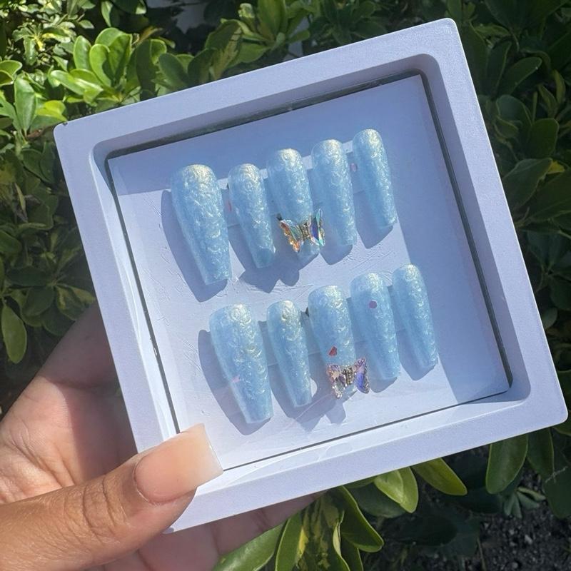 Blues N’ Butterflies Large Gel Press on Set Long Coffin Iridescent Blue Press on Nails Handmade Blue Butterfly Charm Nails