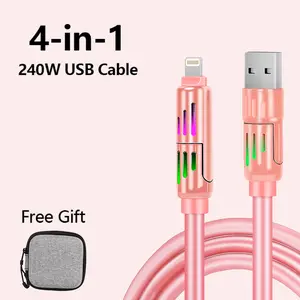 Evary 4 in 1 Portable Fast Charging Cable with USB-A+Type-C+Lightning Connectors, Stylish Breathing Light & Aluminum Alloy Multifunctional Design, for iPhone, iPad Smartphone