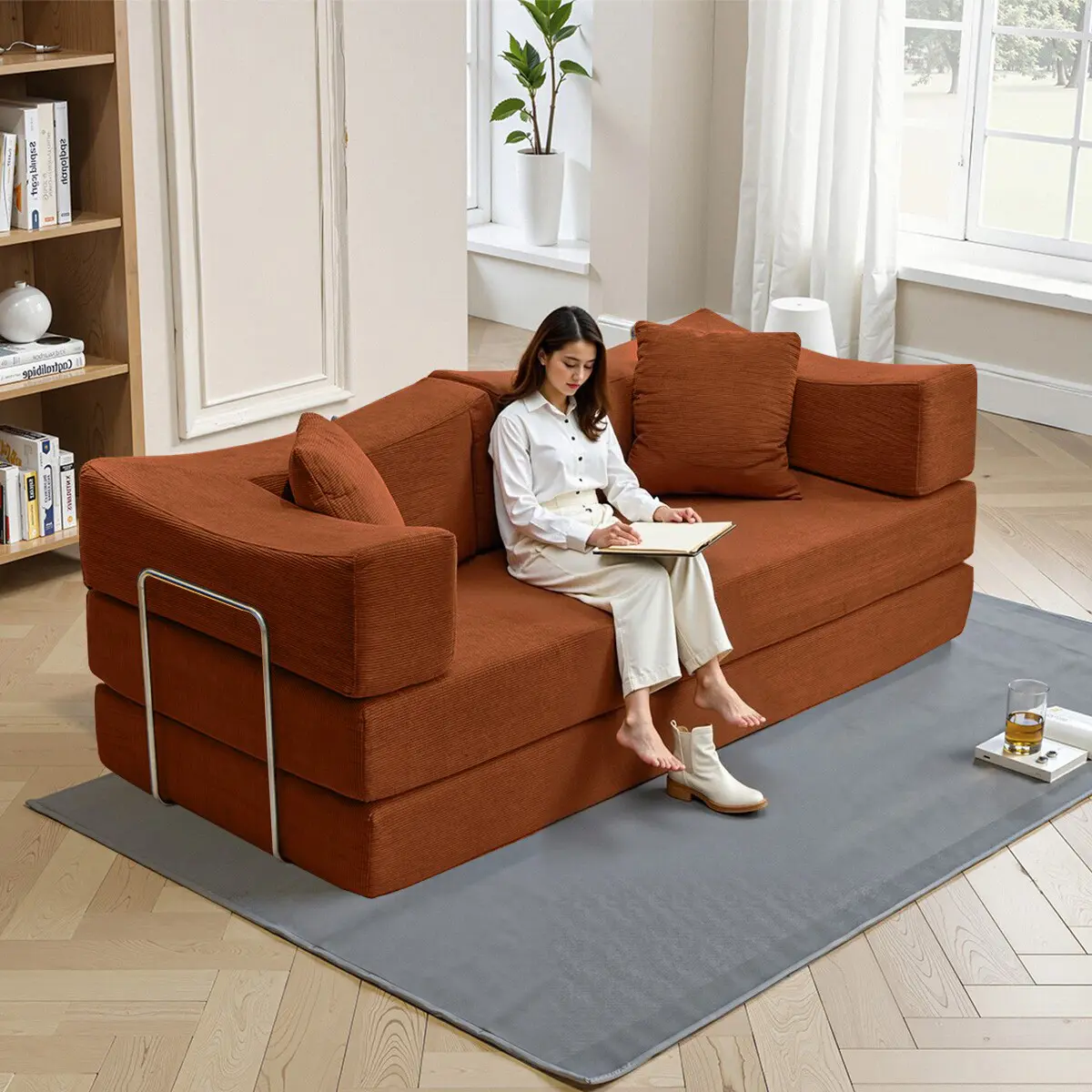 Compressed Convertible Sofa Bed - Foldable Floor Couch with Pillow & Corduroy Fabric, Compressed in A Box for Living Room & Bedroom (Brownish Orange, High-Density Foam, No Assembly)-79"W x 39.4"D x 13.8"H upholstered  futon teddy couch dupe cob  couch