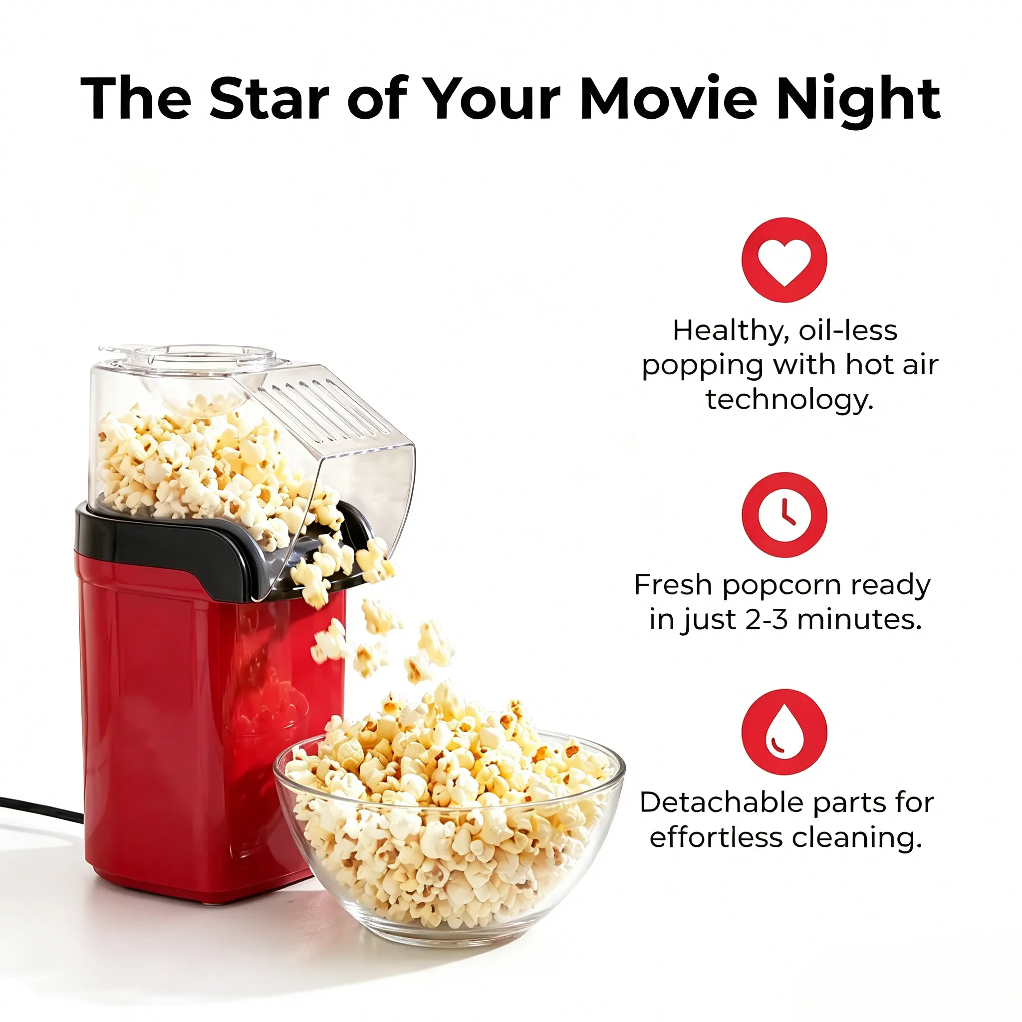 Popcorn maker, 1200-watt small kitchen appliance for home use, pops popcorn in just one minute, no butter required, supports healthy eating, perfect for family movie nights, kitchen gadget