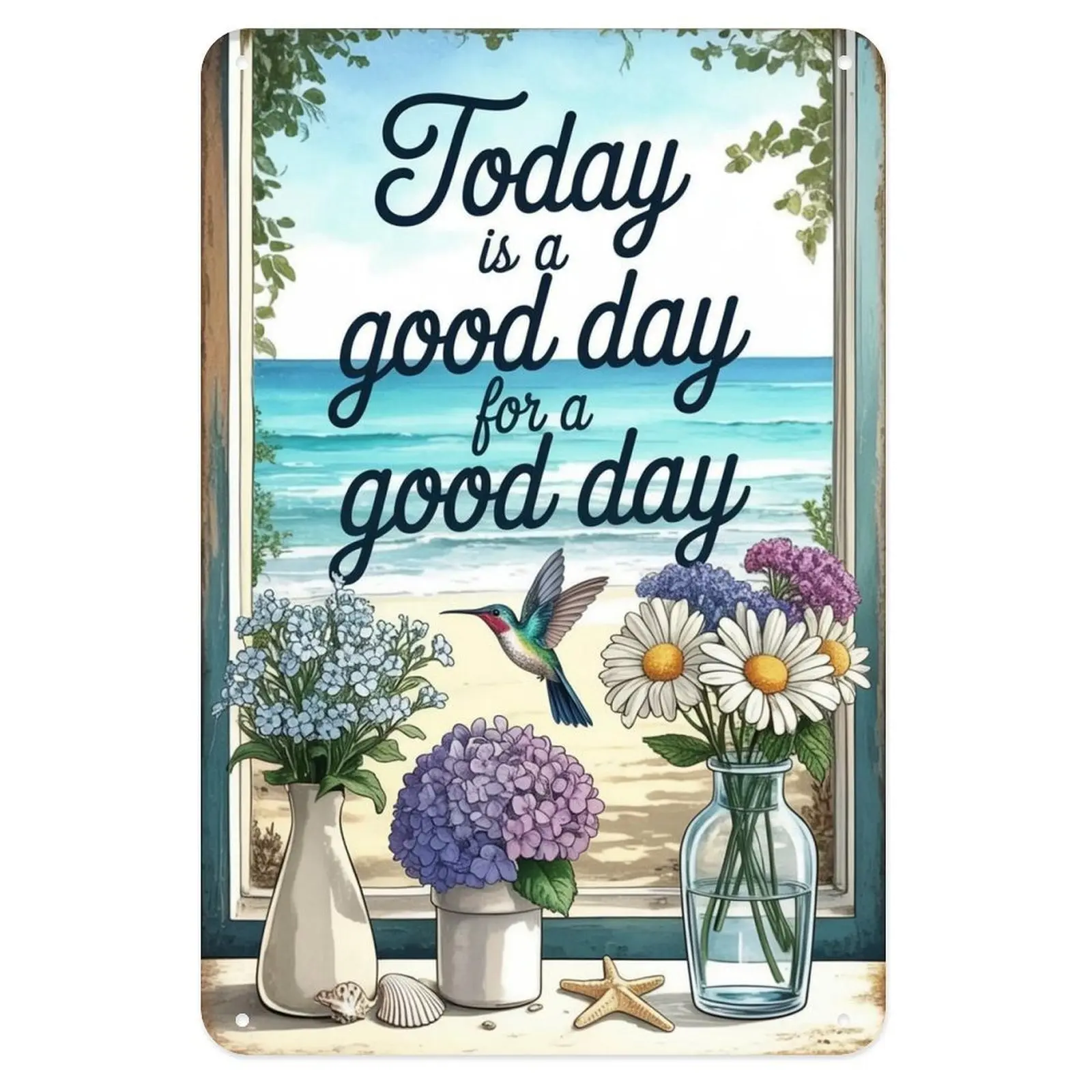 Ocean View Quote Tin Sign, Vintage Coastal Art Metal Sign Print Aesthetic Home Bedroom Kitchen Bar Bathroom Indoor Outdoor Wall Decor, 8 X 12 in