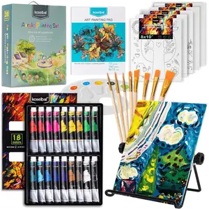 Acrylic Paint Set for Kids, Art Painting Supplies Kit with 18 Paints, 5 Canvas Panels, 8 Brushes, Table Easel, Premium Paint Set for Students, Artists and Beginner