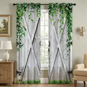 84x84 Inch 2Panels Farmhouse Style Barn Door Curtains With Green Vines Print Blackout Curtains, Grommet Luxury Black Out Curtains for Windows Apartment