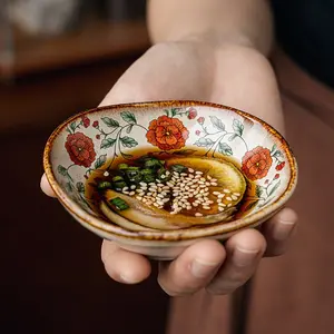 Hand-Painted Floral Ceramic Condiment Dish, Vintage Irregular Shape Home Use Dipping Sauce Plate, Small Snack Bowl