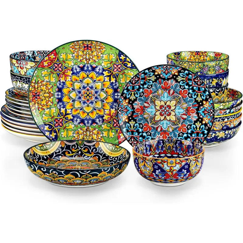 vancasso 24/18/12 Pieces Dinnerware Sets, Plates and Bowls Set, Porcelain Dishes Set for 4/6, Microwave and Dishwasher Safe, Scratch Resistant, Bohemian Style Dining Ware, Series SIMI Tableware