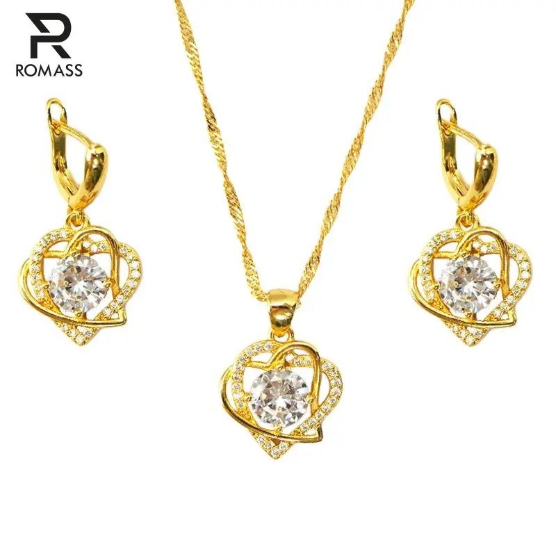 ROMASS Two Hearts Jewelry – 14K Gold-Finished Jewelry for Women with Cubic Zirconia Stones – Romantic Heart Necklace Gift-Valentine's Day Gifts-Official ROMASS