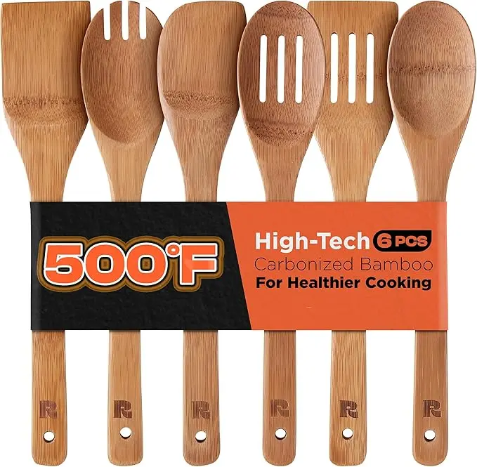 6PCS Wooden Cooking Utensils Set, Bamboo Kitchen Tools Set, Wood Spoon and Spatula Set, Cooking Utensils for Kitchen Use, Dark Bamboo