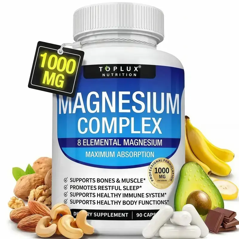 Magnesio Complexfor Women,8 in 1 Elemental MagnesiumComplex,1000mg - 90 Capsules Health foodGlycinateCitrate, Malate for Easy Absorption, SupportsRelaxation,Sleep, Muscle Function & Bone HealthComfortable