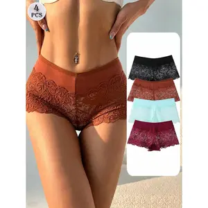 4 PCS Women's Lace Splicing Panties Mid Waist Seamless Boxer Shorts Tummy Control &Butt Lifter Stretch Comfortable And Breathable