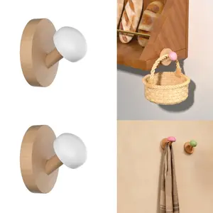 2 Non Perforated Solid Wood Beech Mushroom Hooks with Strong Adhesive and Seamless Installation, Wall Mounted Multifunctional Storage Hooks Suitable for Creative Adhesive Hooks Behind Doors/Entrances/Bathrooms
