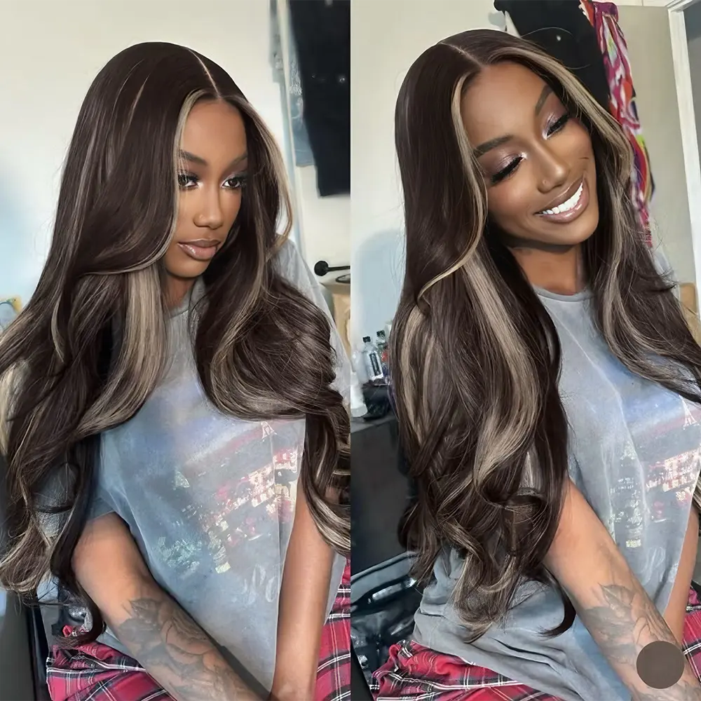 Transparent 13x4 Lace Frontal Body Wave P4 Brown 27 Wig 180 Density Brazilian Brown Blonde Highlights Lace Front Wig Pre Plucked