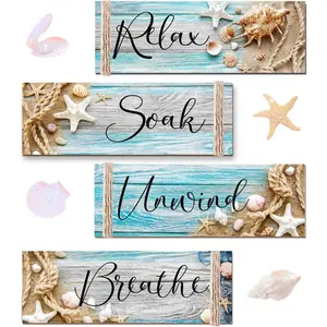 4 PCS Ocean Beach Wood Relax Soak Unwind Breathe Art Sign Hanging Wooden for Decor Living Room Laundry Spa Washroom Wall Light