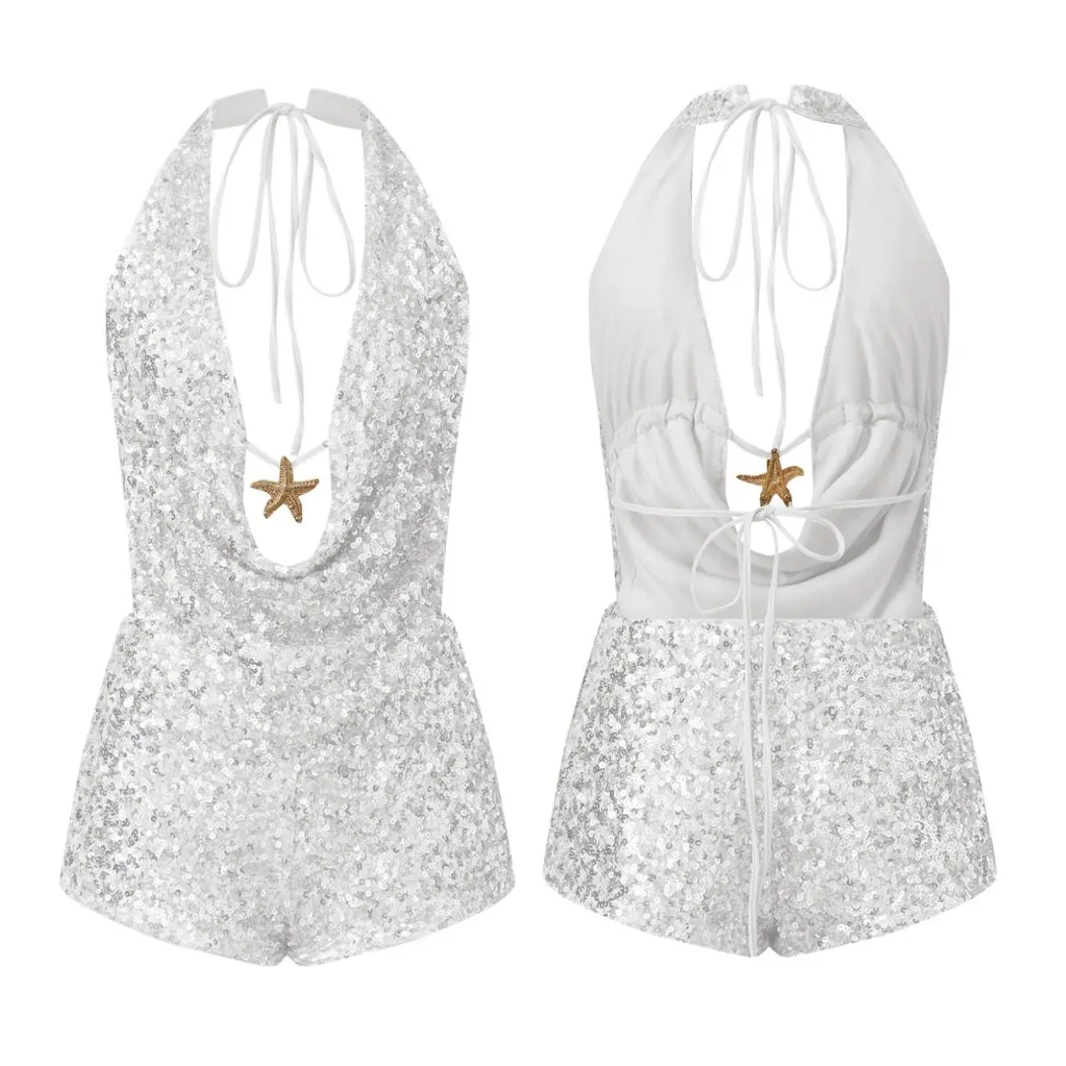 Women 2 Piece Sequin Short Outfits Sleeveless Halter Open Back Tie Tops Mini Shorts Sets Summer Sexy Club Streetwear New