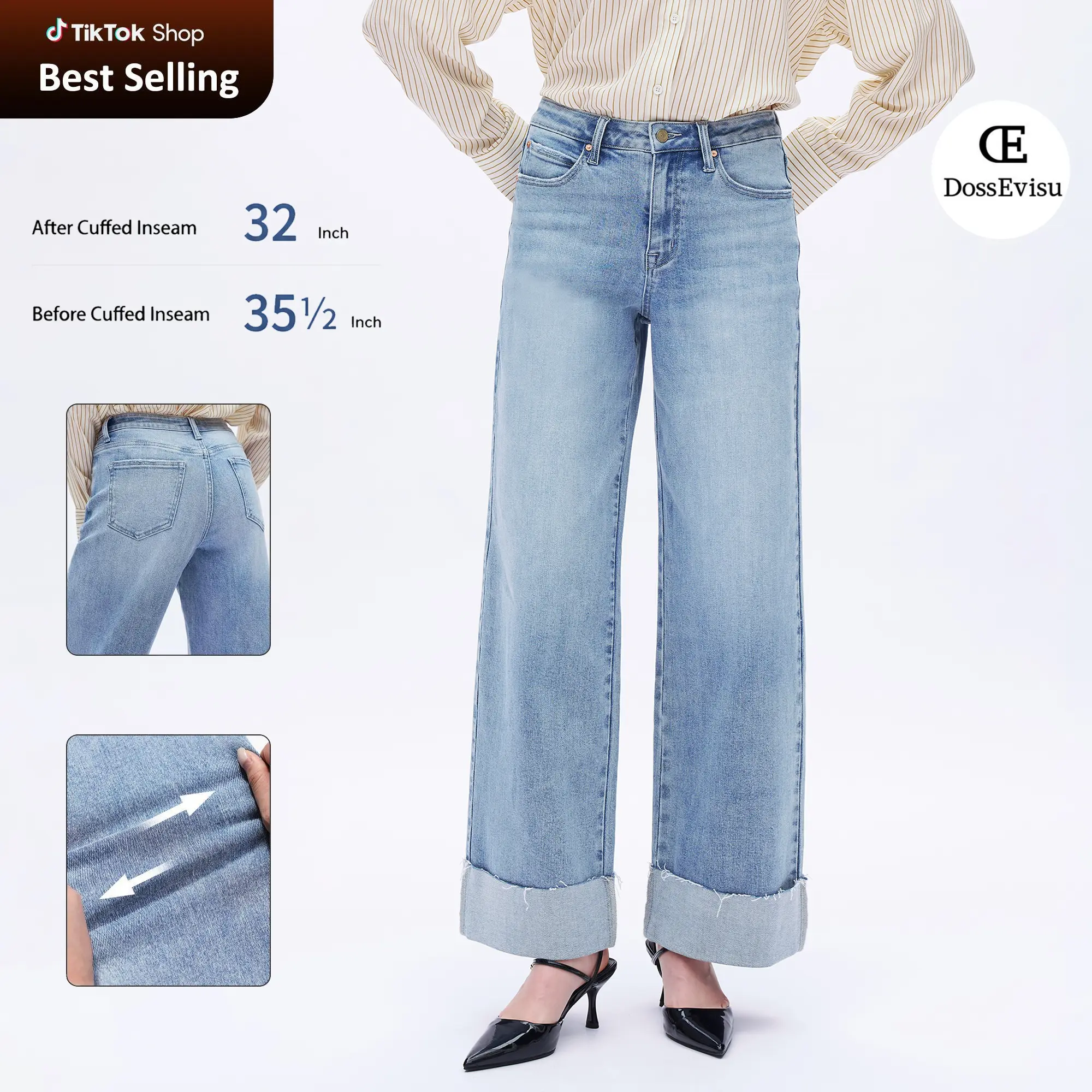 DOSSEVISU Woman Mid Rise Cuffed Wide Leg Jeans All Seasons Casual Outing Loose Baggy High Stretch Denim Pants Pockets Style