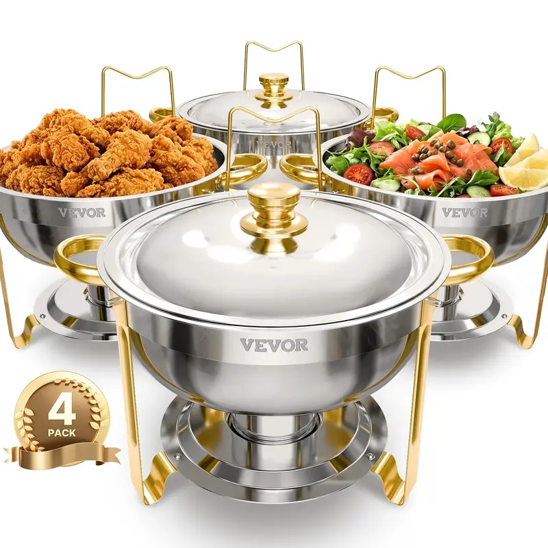 【Auction】【Opantalk Only】VEVOR Full-Size Gold Stainless Steel Chafing Dish Warmer Buffet Set, 4-Pack 5 Qt Stainless Steel Casserole Dishes Trays Set with Temperature Control, Ideal for Parties/Events