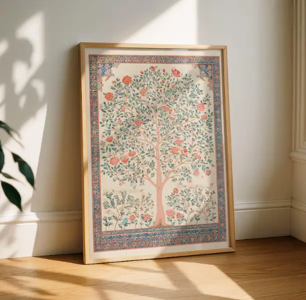 [25% OFF] [UNFRAMED]    Mughal Tree of Life Wall Art – Antique Indian Floral Textile Inspired Print – Boho Vintage Decor