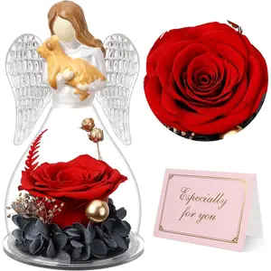 Angel with  Figurines, Preserved Real  Rose Glass Angel Figurines of Friendship, Birthday Gifts for Pet Lovers, Angel Statue Pet  Memorial Gifts for Loss of ,  Decor (Red)