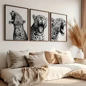 3 Pieces Optional Wooden Frame Fashion Wall Art Print Trendy Leopard Roar Print Black White Home Decor Wall Poster Canvas Painting HD Giclee Wall Poster Multi Size Wall Artwork