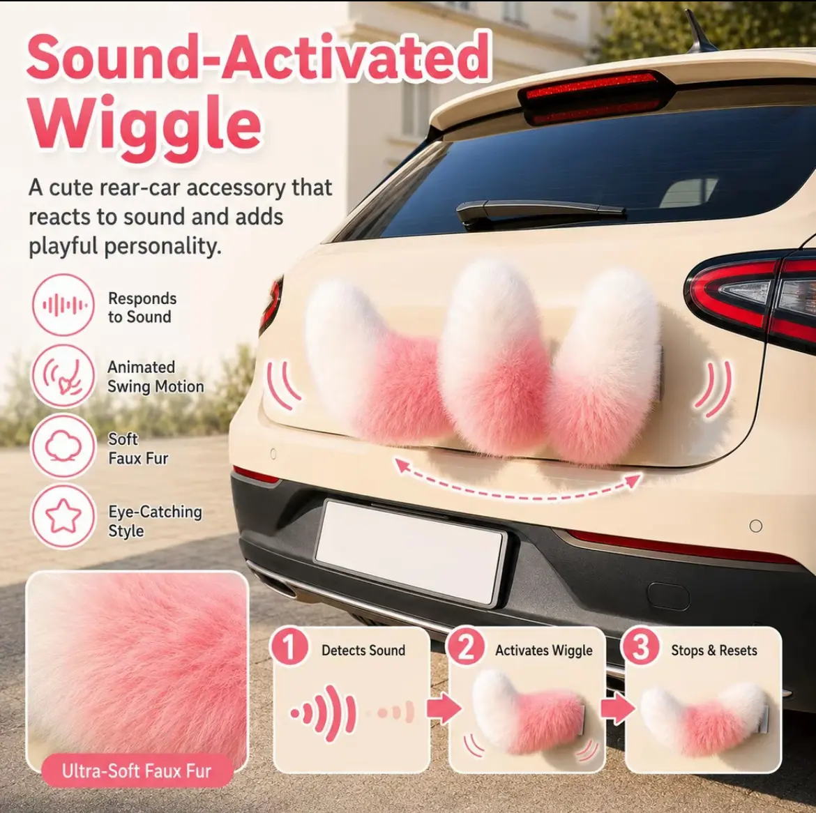 Cute Pink Sound Controlled Moving Fox Tail Plush Ornament Car Exterior Decor Unique Birthday Gift for Girl Friends