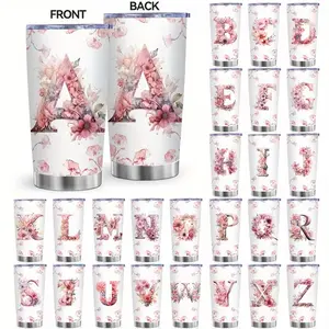 Easter Alphabet Graphic Coffee Cups, 1pc 20oz Stainless Steel Insulated Tumbler With Lid And Straw, Romantic Flower Monogrammed Word Design, Travel Mug, Reusable Water Bottle, Birthdays Gift For Wife, Girlfriend, Sister, Besties, Coworkers
