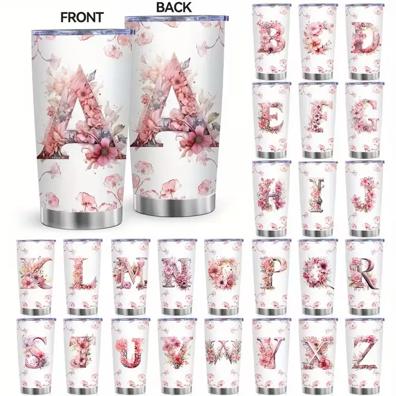 20oz Insulated Stainless Steel Coffee Tumbler - 1pc Easter Alphabet Graphic Mug with Leakproof Lid, Straw, Romantic Flower Monogram, Portable Reusable Drinkware, Birthday Gift for Women (Wife, Girlfriend)