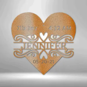 Heart-Shaped Newborn Love Monogram Metal Sign - Custom Baby Name and Birthdate Decor