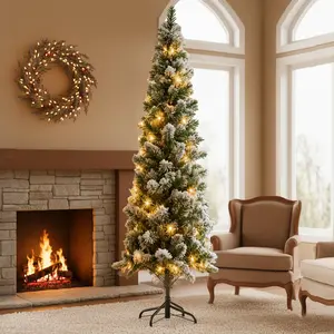 Pre-lit Pencil Christmas Tree, Green Artificial Spruce Slim Christmas Trees with 250 Incandescent Lights, 571 Branch Tips & Foldable Base for Home, Office, Party Decoration