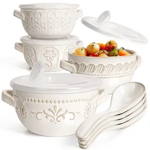 Artena Embossed French Onion Soup Bowls Set of 4, 20oz Ceramic Soup Crocks with Lids, Handles & Spoons, Oven Safe Serving Bowls for Chili, Stew & Pot Pies – White