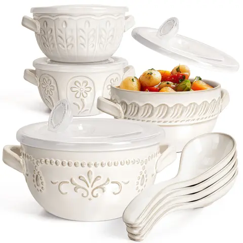Artena Artisanal Raised Embossing Large French Onion Soup Bowls Set (4-Piece, 20oz Ergonomic Ceramic Crocks with Lids+Spoons+Easy Grip Handles) - BPA-Free, Corrosion-Resistant, Durable, Dishwasher-Oven-Microwave Safe Tableware for Cozy Dinners