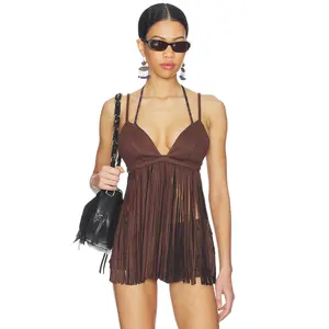 MORE TO COME Moriah Fringe Faux Suede Top in Dark Brown