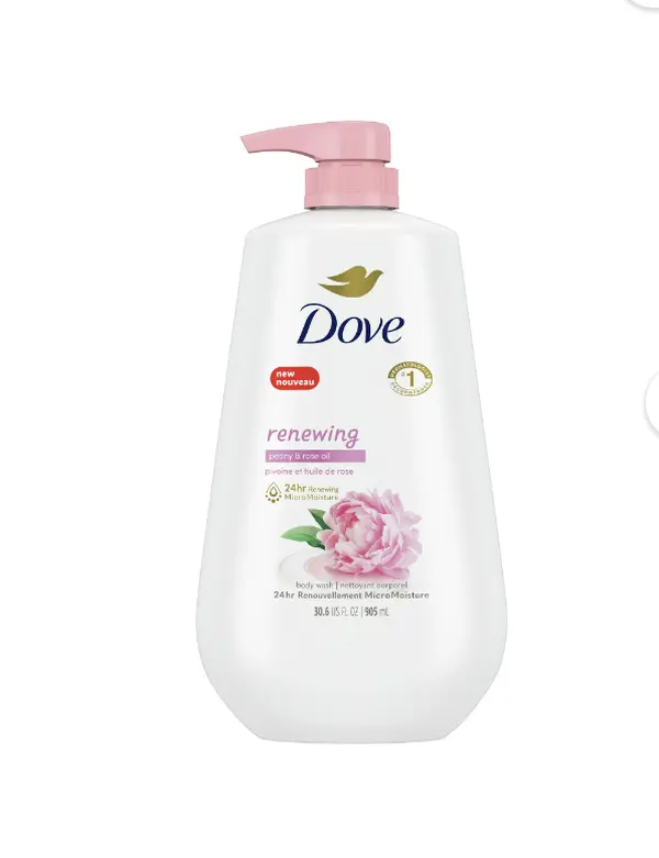 Dove Renewing Body Wash with Peony & Rose Oil, Dermatologist Tested, Paraben Free Daily Cleanser for Dry Skin, 30.6 oz Pump Bottle, Peony Oil, Paeonia