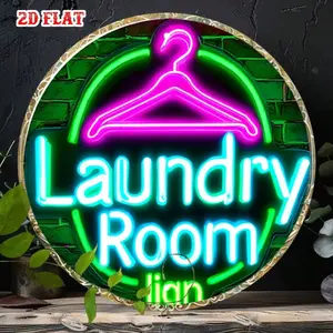 1pc Vintage Neon Laundry Room Metal Sign, 7.8x7.8 Inch Round Aluminum Wall Art With Hanger Hook, Retro Farmhouse Decor For Cafe,