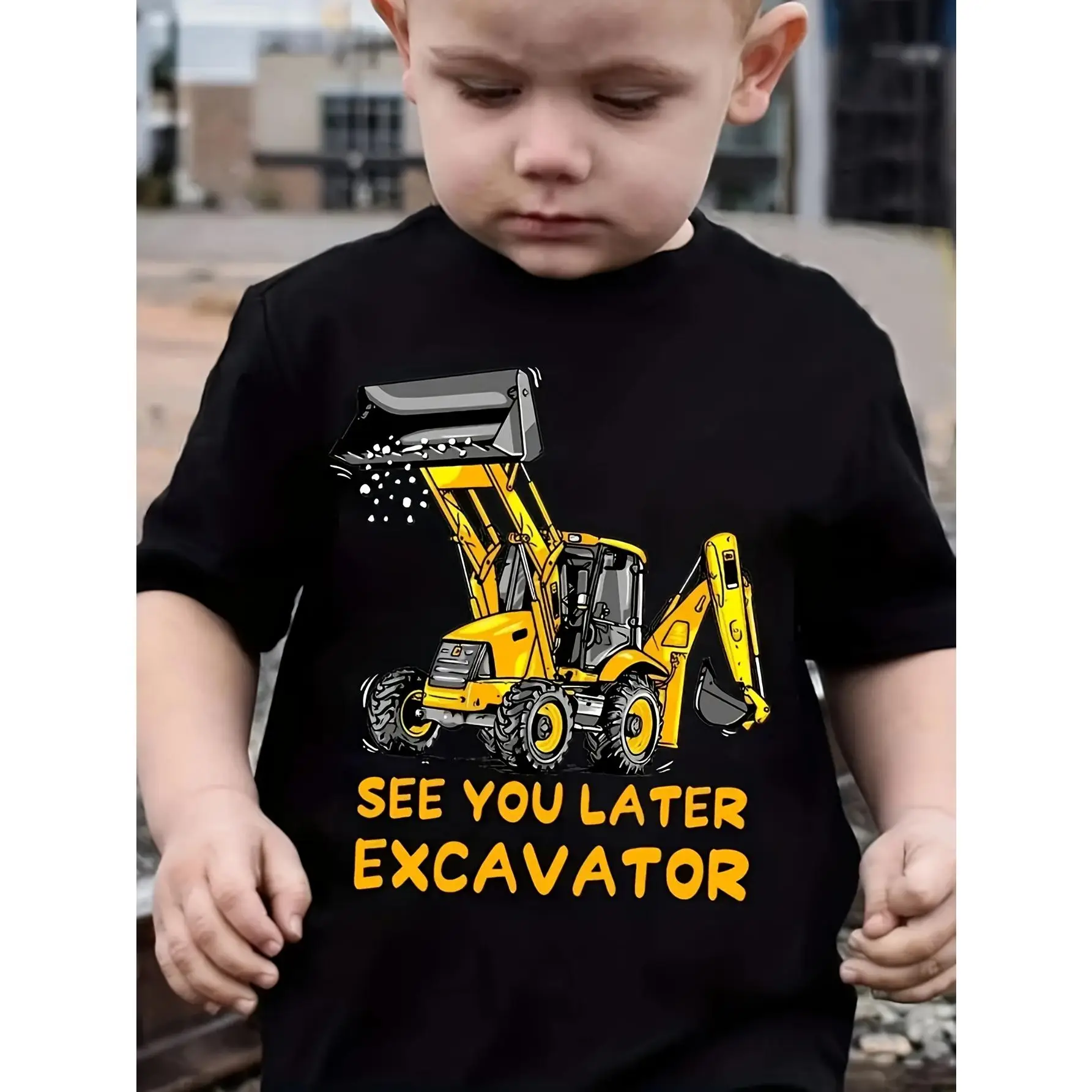 Kids' Cotton Crew Neck T-Shirt with "See You Later Excavator" Print, Casual Short Sleeve Breathable Tee for Boys, All-Season Comfort Fit